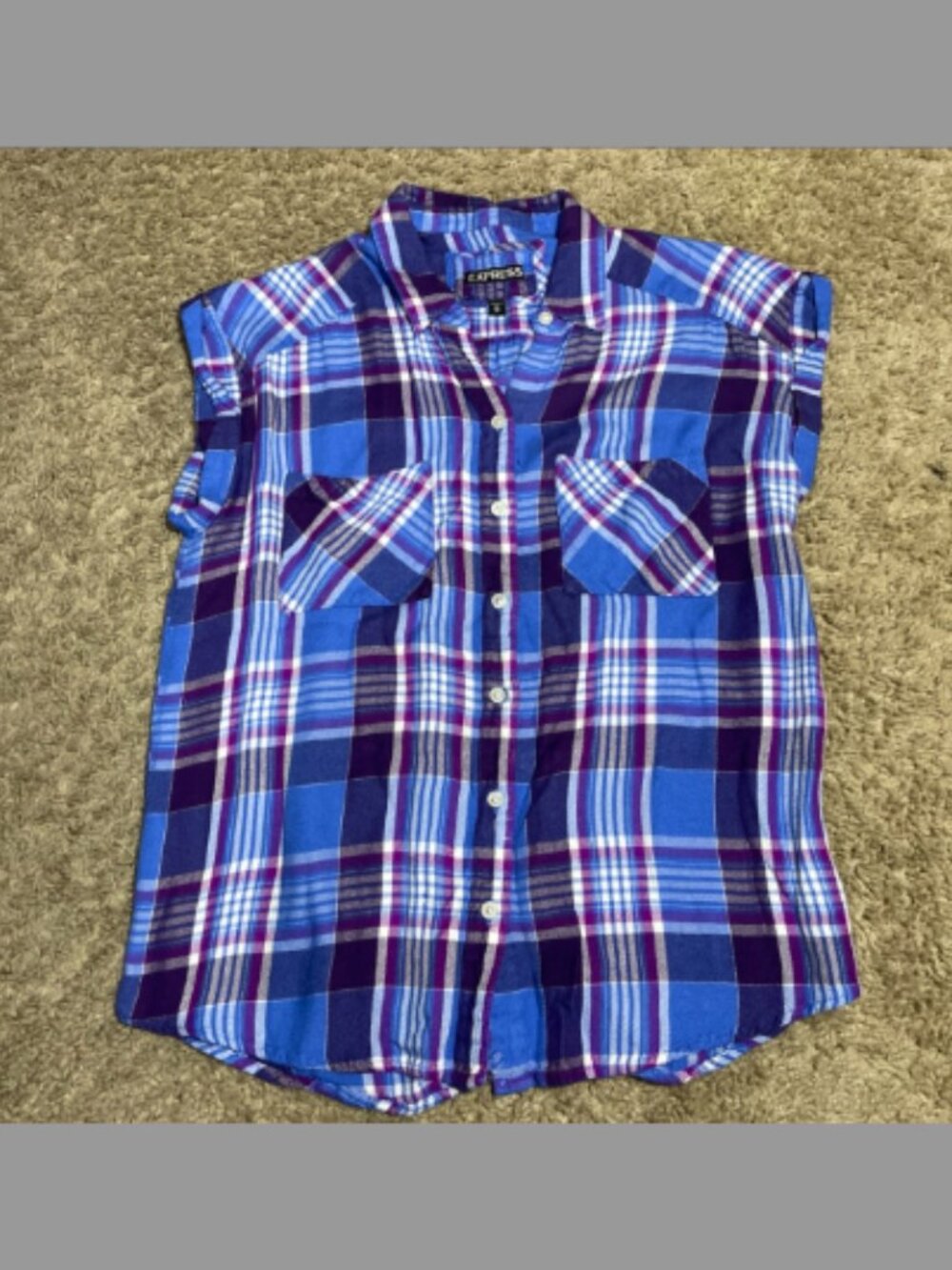 Express Plaid Short Sleeve Button Down Shirt Blue Purple XS